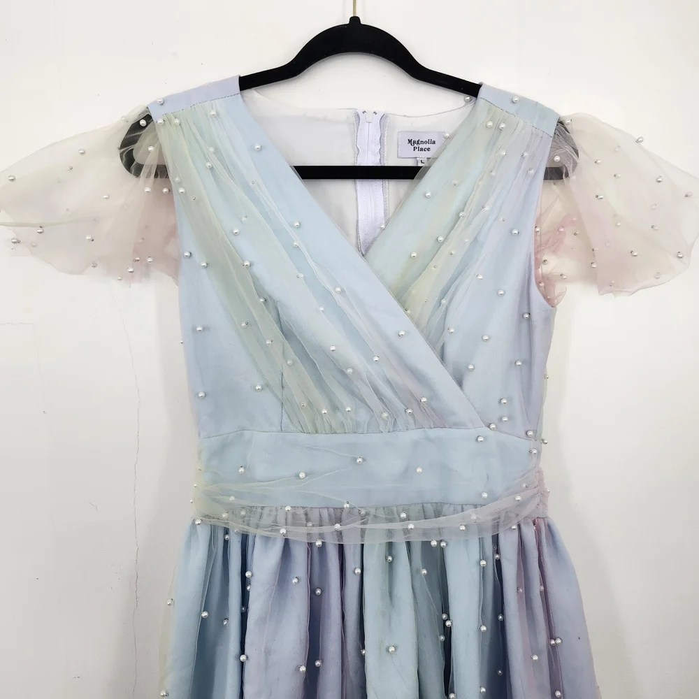 Magnolia Pastel Blue and Pink Party Dress with Pearl Details - Picture 3 of 4